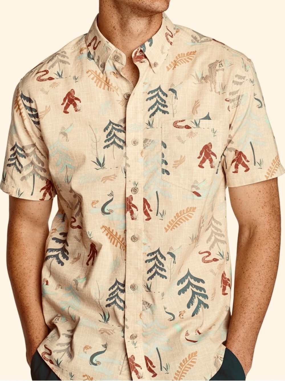 Big Foot Yeti Eddie Bauer Short-Sleeve Button Down with Multicolor Nature Print